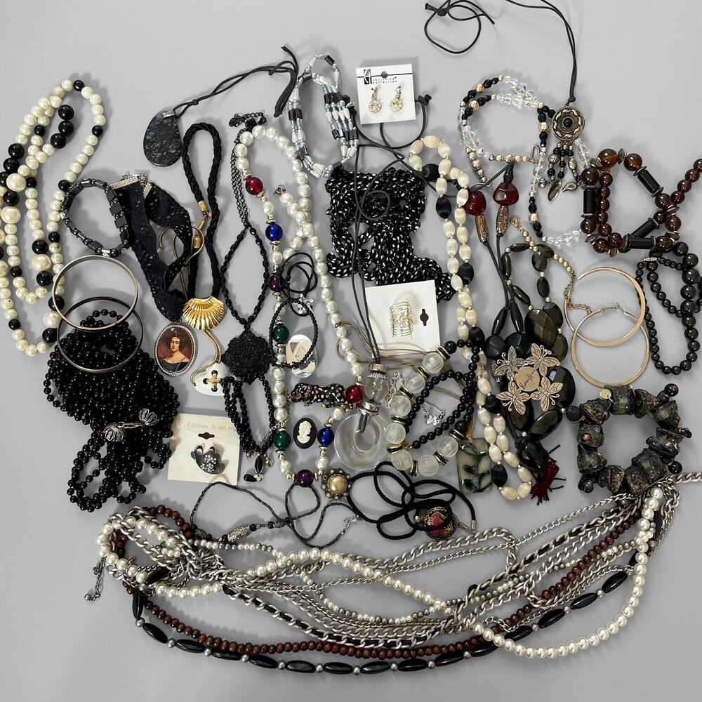 Vintage Assorted Jewelry Collection - Black, White, Gold, Silver